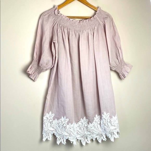 Caara Off-Shoulder Linen Dress with White Lace Appliqué Trim Pale Pink Size S - Picture 11 of 12